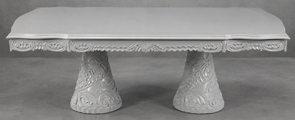 Table de repas baroque rectangulaire laquée gris clair à 2 pieds centraux sculptés – LES MEUBLES DOBOIS