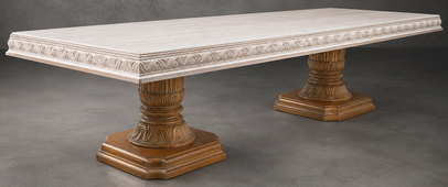 Table de repas romaine de style baroque argentée avec deux pieds centraux sculptés - LES MEUBLES DOBOIS
