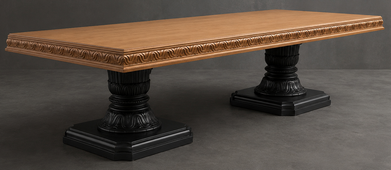 Table de repas romaine de style baroque blanc cérusé avec deux pieds centraux sculptés - LES MEUBLES DOBOIS