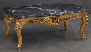 Table basse de salon style baroque en bois noir mat cérusé avec plateau en marbre noir Columbarium - LES MEUBLES DOBOIS