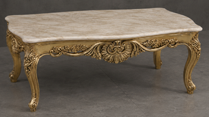 Table basse baroque de salon en bois blanc cérusé avec plateau en marbre Galal blanc beige - LES MEUBLES DOBOIS