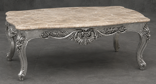 Table basse de salon baroque en bois doré ancien avec plateau en marbre noir Columbarium - LES MEUBLES DOBOIS