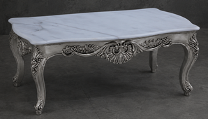Table basse de salon style baroque en bois noir légèrement cérusé avec plateau en marbre vert Indi - LES MEUBLES DOBOIS