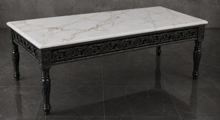Table basse baroque cérusée avec plateau en marbre - LES MEUBLES DOBOIS