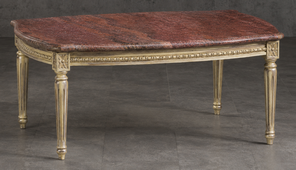 Table basse de salon style Louis XVI en hêtre naturel brut avec plateau en marbre beige Emperor - LES MEUBLES DOBOIS