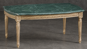 Table basse baroque style Louis XVI en bois de hêtre brut avec marbre rouge Agadir - LES MEUBLES DOBOIS