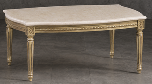 Table basse de salon style Louis XVI en bois doré patiné et marbre noir Columbarium - LES MEUBLES DOBOIS