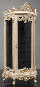 Vitrine demi-lune baroque crème patinée intérieur capitonné noir