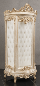 Vitrine demi-lune baroque crème avec intérieur capitonné blanc