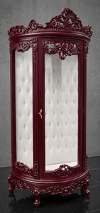 Vitrine demi-lune baroque rouge bordeaux avec intérieur capitonné blanc