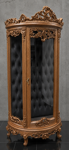 Vitrine demi-lune de style baroque dorée intérieur capitonné noir