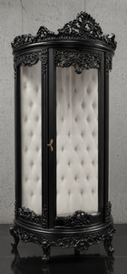 Vitrine demi-lune baroque noire avec intérieur capitonné blanc