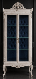 Vitrine étroite grise patinée avec capitonné bleu nuit