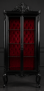 Vitrine étroite noire laquée intérieur velours rouge capitonné