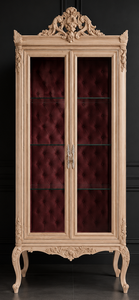 Vitrine étroite baroque en bois clair intérieur velours bordeaux