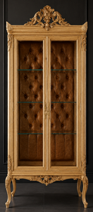 Vitrine étroite Louis XV en bois naturel capitonné cuir camel