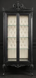 Vitrine étroite baroque noire avec intérieur capitonné écru
