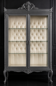 Vitrine baroque crème avec intérieur capitonné écru