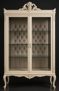 Vitrine baroque crème avec intérieur capitonné beige clair
