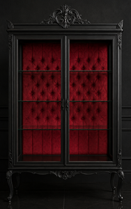 Vitrine baroque noire avec intérieur capitonné velours rouge