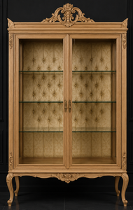 Vitrine baroque en chêne clair avec intérieur capitonné beige