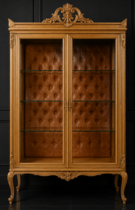 Vitrine de style Louis XV en bois naturel intérieur capitonné cuir marron