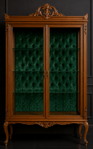 Vitrine baroque en bois avec intérieur capitonné velours vert émeraude