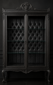 Vitrine de style baroque noire avec intérieur capitonné noir