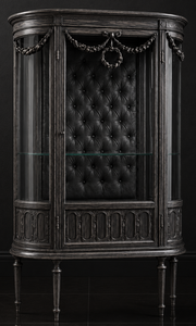 Vitrine de style Louis XVI grise anthracite intérieur capitonné noir