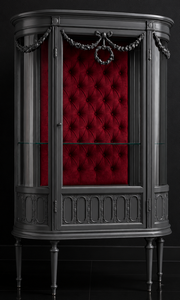 Vitrine baroque Louis XVI gris foncé avec intérieur capitonné velours rouge