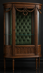 Vitrine baroque de style Louis XVI bois foncé capitonné velours vert